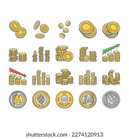 coin gold money cash bank icons set vector. treasure golden, finance currency, business wealth, success element, financial metal coin gold money cash bank color line illustrations