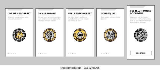 coin gold money cash bank onboarding mobile vector. treasure golden, finance currency, business wealth, success element, financial metal coin gold money cash bank Illustration
