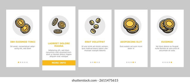 coin gold money cash bank onboarding mobile vector. treasure golden, finance currency, business wealth, success element, financial metal coin gold money cash bank Illustration