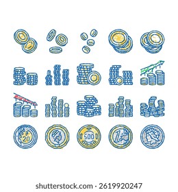 coin gold money cash bank doodle icons set vector. treasure golden, finance currency, business wealth, success element, financial metal coin gold money cash bank sketch hand drawn