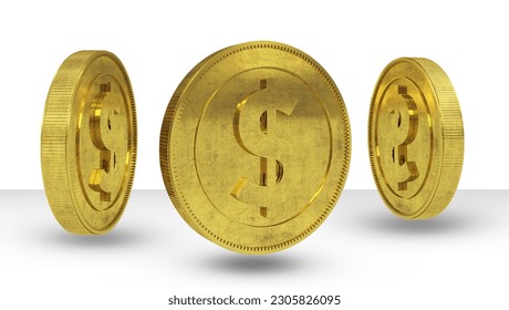 Coin Gold coin set. Isolated 3d objects in different angles. metallic gradient. Symbol of gold and wealth. Free space for your text. Vector illustration