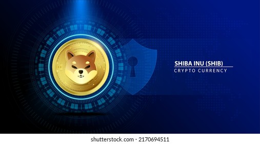 Coin gold Shiba Inu (SHIB) Cryptocurrency blockchain. Future digital (crypto currency) currency replacement technology concept. On blue background. 3D Vector illustration.