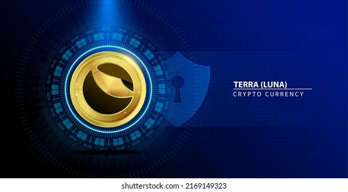 Coin gold Terra (LUNA) Cryptocurrency blockchain. Future digital (crypto currency) currency replacement technology concept. On blue background. 3D Vector illustration.