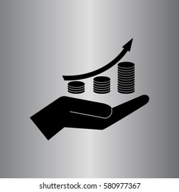 Coin grouth diagram on the hand icon, investment vector illustration