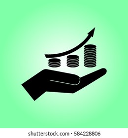 Coin grouth diagram on the hand icon, investment vector illustration