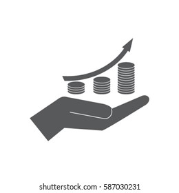 Coin grouth diagram on the hand icon, investment vector illustration