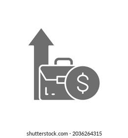 Coin and growing arrow out of bag, income increase, investment grey icon.