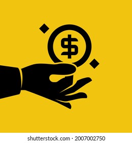 Coin in hand black silhouette. Vector illustration flat style design. Pictogram holding money in palm human. Pay cash. Gold dollar. Isolated on white background. Donat icon. Giving, receiving money. 