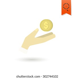 Coin in Hand. Business and Finance, Single Flat Icon. Simple and Minimalistic Style. Vector