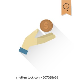 Coin in Hand. Business and Finance, Single Flat Icon. Simple and Minimalistic Style. Vector