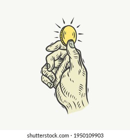 Una moneda y una mano. Se puede usar como dibujo de un tatuaje.