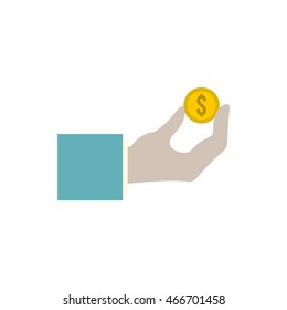 Coin in hand icon in flat style isolated on white background