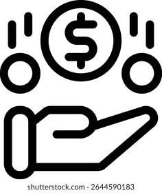 Coin hand icon with line and simple style