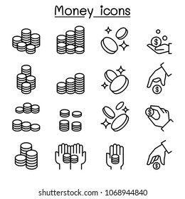 Coin & hand icon set in thin line style