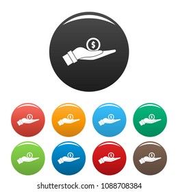 Coin in hand icon. Simple illustration of coin in hand vector icons set color isolated on white