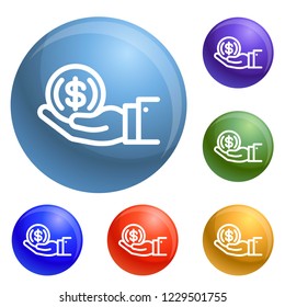 Coin in hand icons set vector 6 color isolated on white background