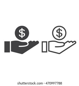 coin in hand line icon, earnings outline and solid vector sign, linear and full pictogram isolated on white, logo illustration