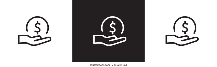 Coin and hand line icon, loan line icon, financial profit, profit, statistics, financial graph, performance. Finance icon vector illustration on transparent black and white background. Eps10