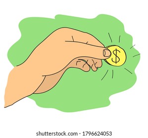 Moneda en mano en un fondo verde. Caricatura. Ilustración vectorial.