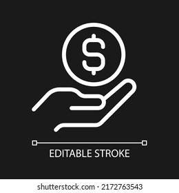 Coin in hand pixel perfect white linear icon for dark theme. Giving money. Financial contribution. Lend cash. Thin line illustration. Isolated symbol for night mode. Editable stroke. Arial font used