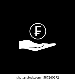 Coin in hand solid icon, finance and business, Swiss franc coin sign vector graphics, a filled pattern on a black background, eps 10.