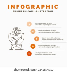 coin, hand, stack, dollar, income Infographics Template for Website and Presentation. Line Gray icon with Orange infographic style vector illustration