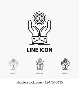 coin, hand, stack, dollar, income Icon in Thin, Regular and Bold Line Style. Vector illustration