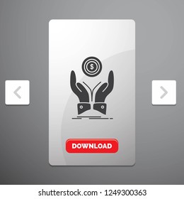 coin, hand, stack, dollar, income Glyph Icon in Carousal Pagination Slider Design & Red Download Button