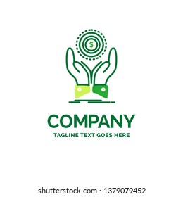 coin, hand, stack, dollar, income Flat Business Logo template. Creative Green Brand Name Design.