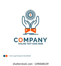 coin, hand, stack, dollar, income Logo Design. Blue and Orange Brand Name Design. Place for Tagline. Business Logo template.