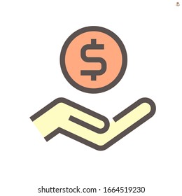 Icono de moneda y vector de mano para el elemento de diseño gráfico financiero, 48x48 píxeles perfecto y editable trazo.