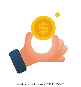 Coin in hand. Vector illustration cartoon pop art design. Holding money in palm human. Pay cash. Gold dollar. Isolated on white background. Donat icon. Giving, receiving money. 