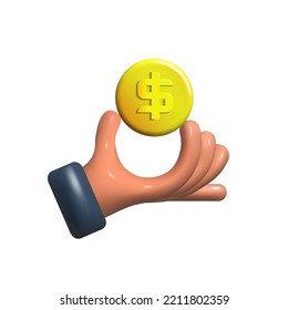 Coin in hand. Vector illustration cartoon design. Gradient Coin. Holding money hand. Pay cash. Gold dollar. Isolated on white background. Donat icon. Giving, receiving money. 