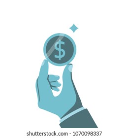 Coin in hand. Vector illustration flat style design. Holding money in palm human. Pay cash. Gold dollar. Isolated on white background. Donate icon. Giving, receiving money. 