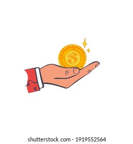 Moneda en mano. Diseño de esbozo de ilustración vectorial. Manteniendo dinero en la palma humana. Pagar en efectivo. Dólar de oro. Aislado sobre fondo blanco. Icono de Donat. Dando, recibiendo dinero. 
