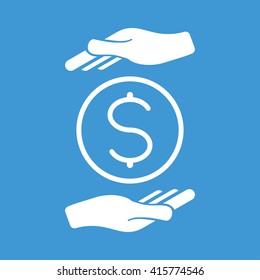 Coin in hands icon on blue background.