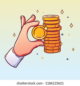 The coin is in the hands. Icon. A stack of coins.