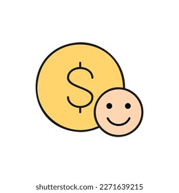 Coin with happy face, money insurance, like, positive feedback color lineal icon. Finance, payment, invest finance symbol design.