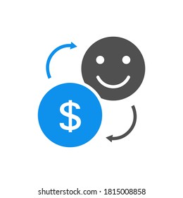 Coin and happy smiley face colored icon. Exchange happiness on money symbol