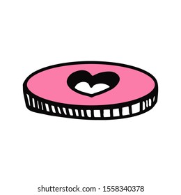 Coin with a heart cut out inside. Vector cartoon hand drawn illustration isolated on white background. Cute girly print, sticker. Pink money. Sign element symbol Valentine's Day.