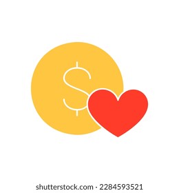 Coin with heart, giving a love, charity, donation white outline icon. Finance, payment, invest finance symbol design.