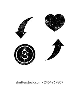 Coin and heart shape and rotating arrows black hand drawn icon in grunge look