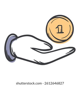 A coin in his hand. Vector hand drawn illustration for sticker, print. Profit, money, payment icon