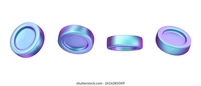 Coin hologram vector 3d icon set. Holographic money collection, metallic iridescent medal collection isolated on white background. Neon colored design elements in blue and pink