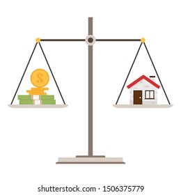 Coin and house vector. scales vector. wallpaper. free space for text. copy space.