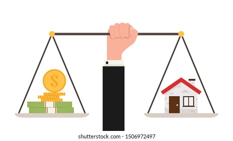 Coin and house vector. wallpaper. free space for text. copy space. scales vector. Business hand vector.