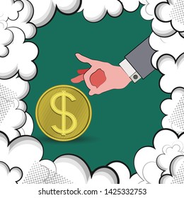 Coin and human hand in a frame of clouds. Picture as a symbol of the leading role of a person in business development. Vector illustration