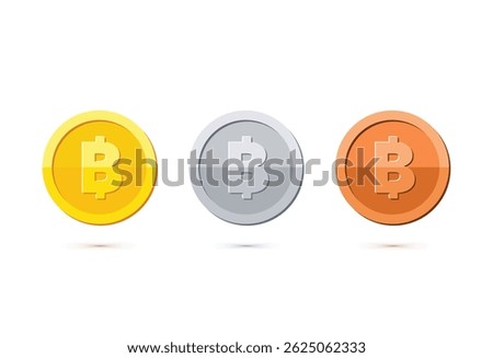 Coin Icon with Bitcoin Cryptocurrency or That Baht Currency Symbol Vector Set. Illustration of shiny gold, silver, bronze coins. Financial, economic, crypto, investment design concepts.