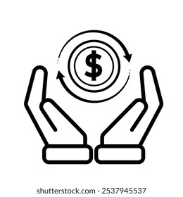 coin icon. cash back with dollar symbol in hand. The dollar coin is surrounded by two arrows forming a circle, indicating continuous movement. outline design style