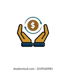 coin icon. cash back with dollar symbol in hand. The dollar coin is surrounded by two arrows forming a circle, indicating continuous movement. flat design style